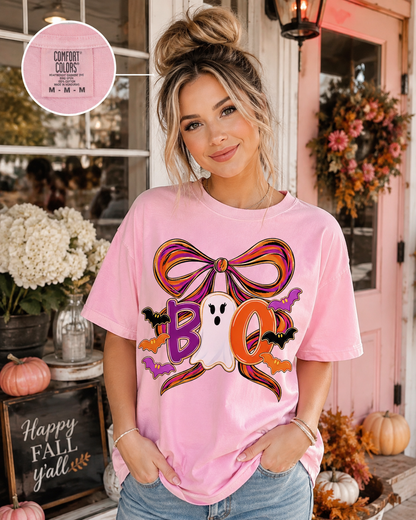 Boo Ghost Bow T-shirt | Halloween bats, pumpkin O, colorful bow