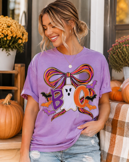 Boo Ghost Bow T-shirt | Halloween bats, pumpkin O, colorful bow