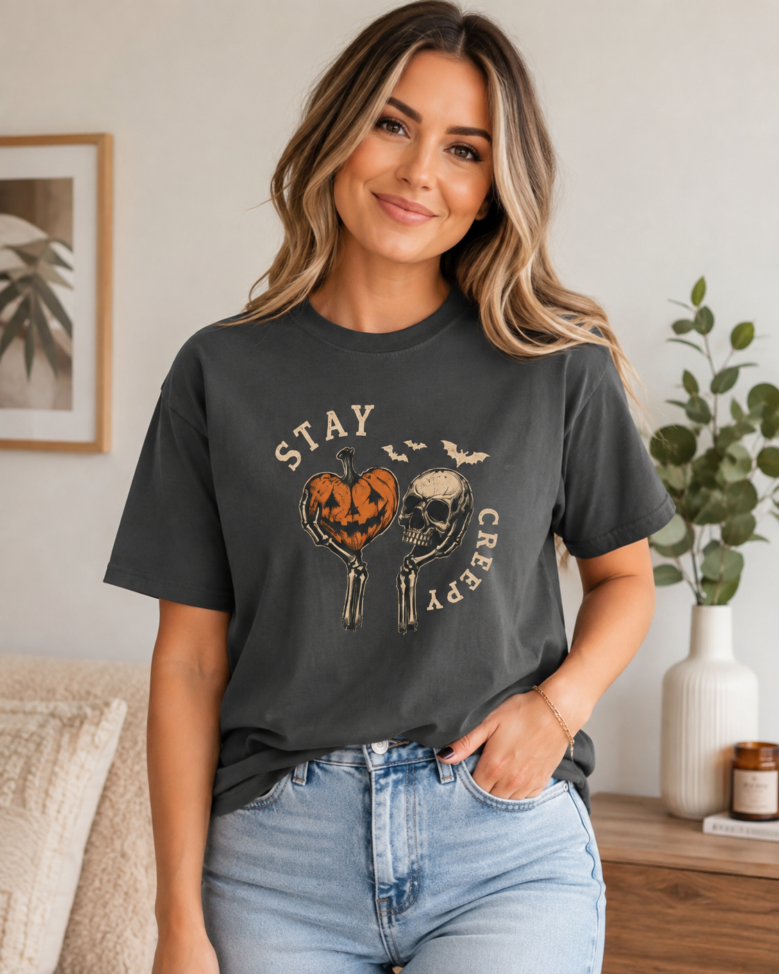 Stay Creepy Pumpkin and Skull Tee | Halloween spooky bats