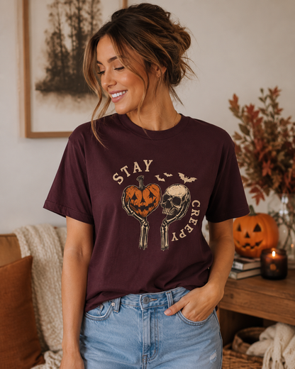 Stay Creepy Pumpkin and Skull Tee | Halloween spooky bats