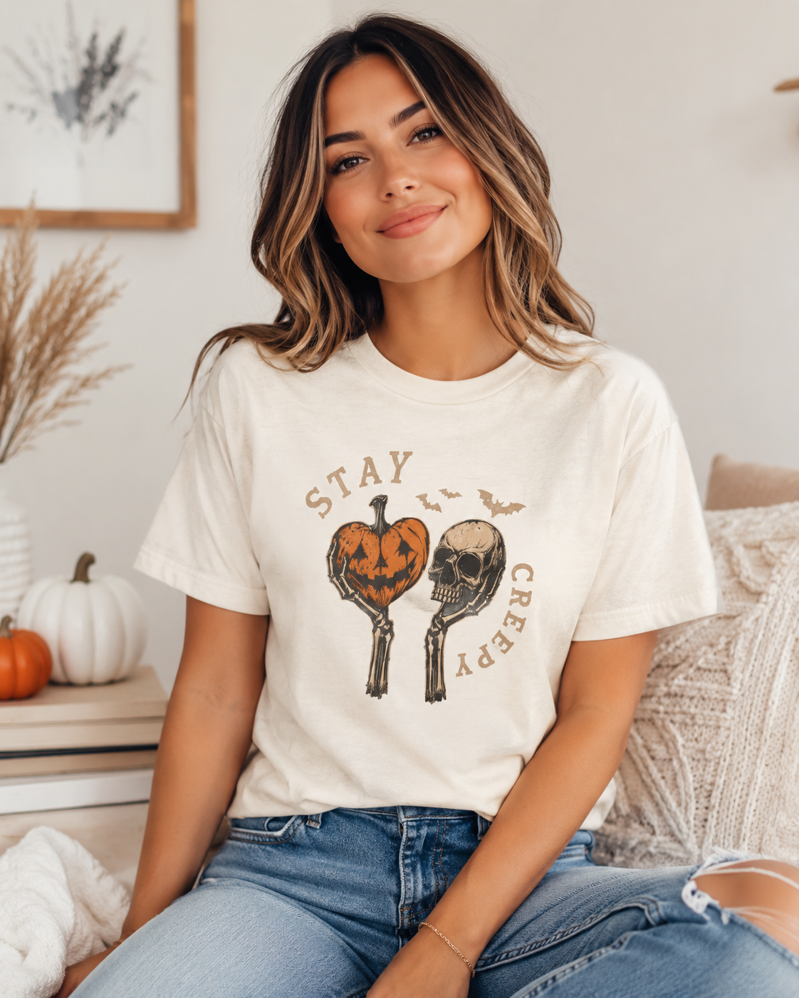 Stay Creepy Pumpkin and Skull Tee | Halloween spooky bats