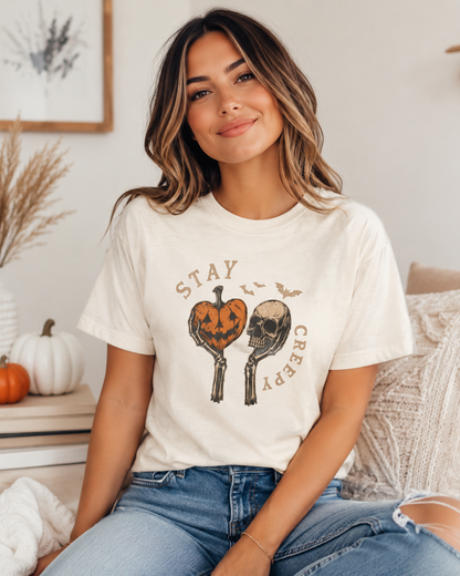 Stay Creepy Pumpkin and Skull Tee | Halloween spooky bats
