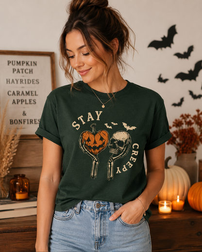 Stay Creepy Pumpkin and Skull Tee | Halloween spooky bats
