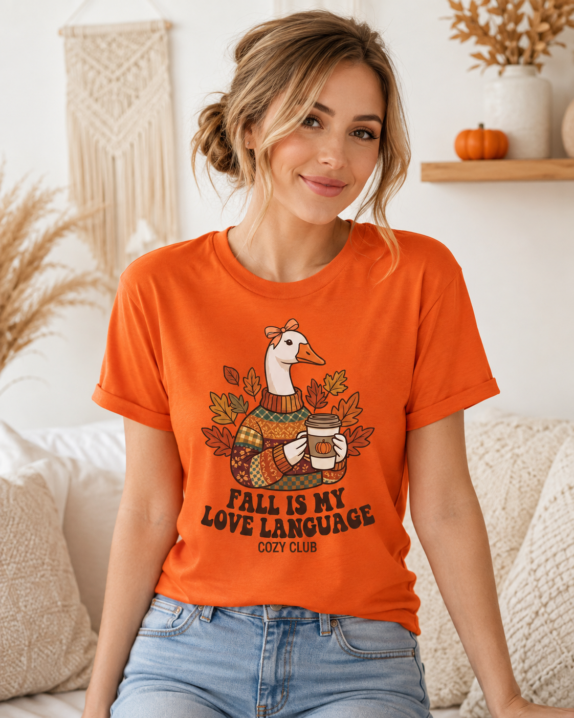 Goose in Scarf Holding Coffee T-Shirt | Fall Is My Love Language, Cozy Autumn Tee