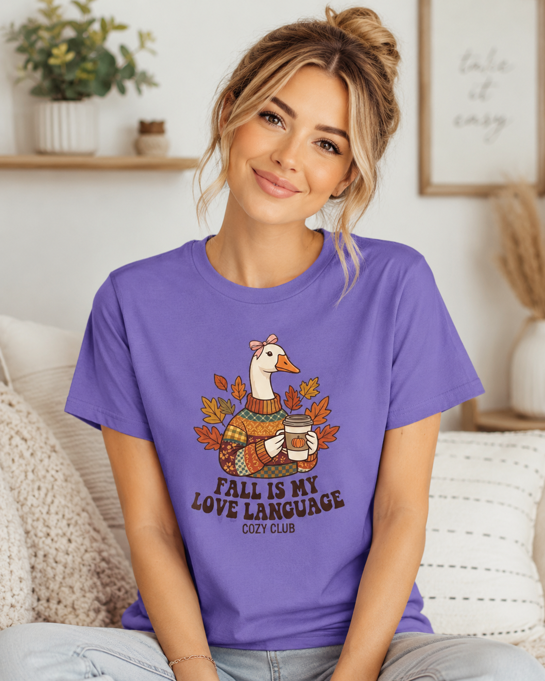 Goose in Scarf Holding Coffee T-Shirt | Fall Is My Love Language, Cozy Autumn Tee