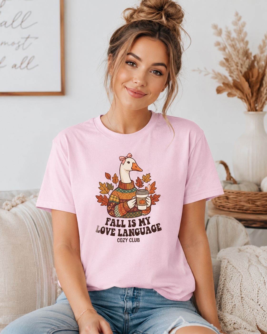 Goose in Scarf Holding Coffee T-Shirt | Fall Is My Love Language, Cozy Autumn Tee