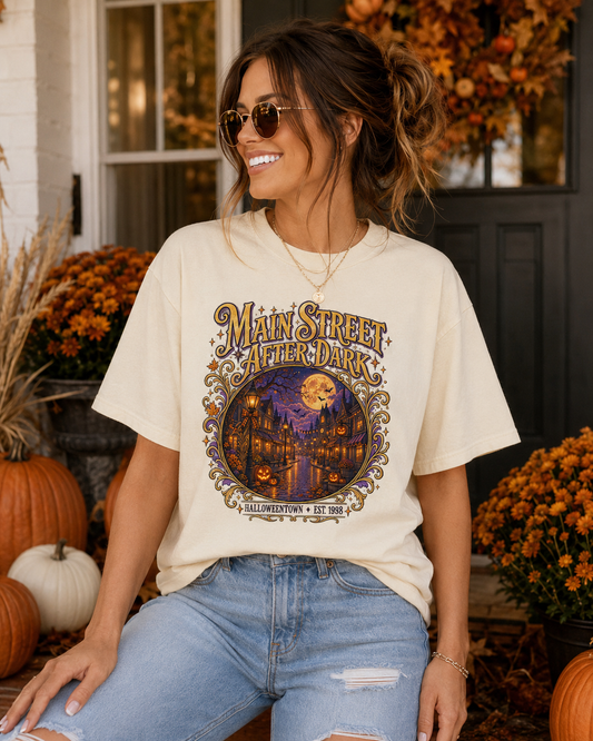 Main Street After Dark T-shirt | Halloween Town Moonlit Street Scene