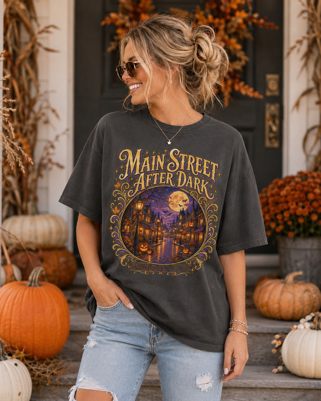 Main Street After Dark T-shirt | Halloween Town Moonlit Street Scene