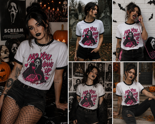 No You Hang Up ghost calling design T-Shirt | Scream phone horror pink