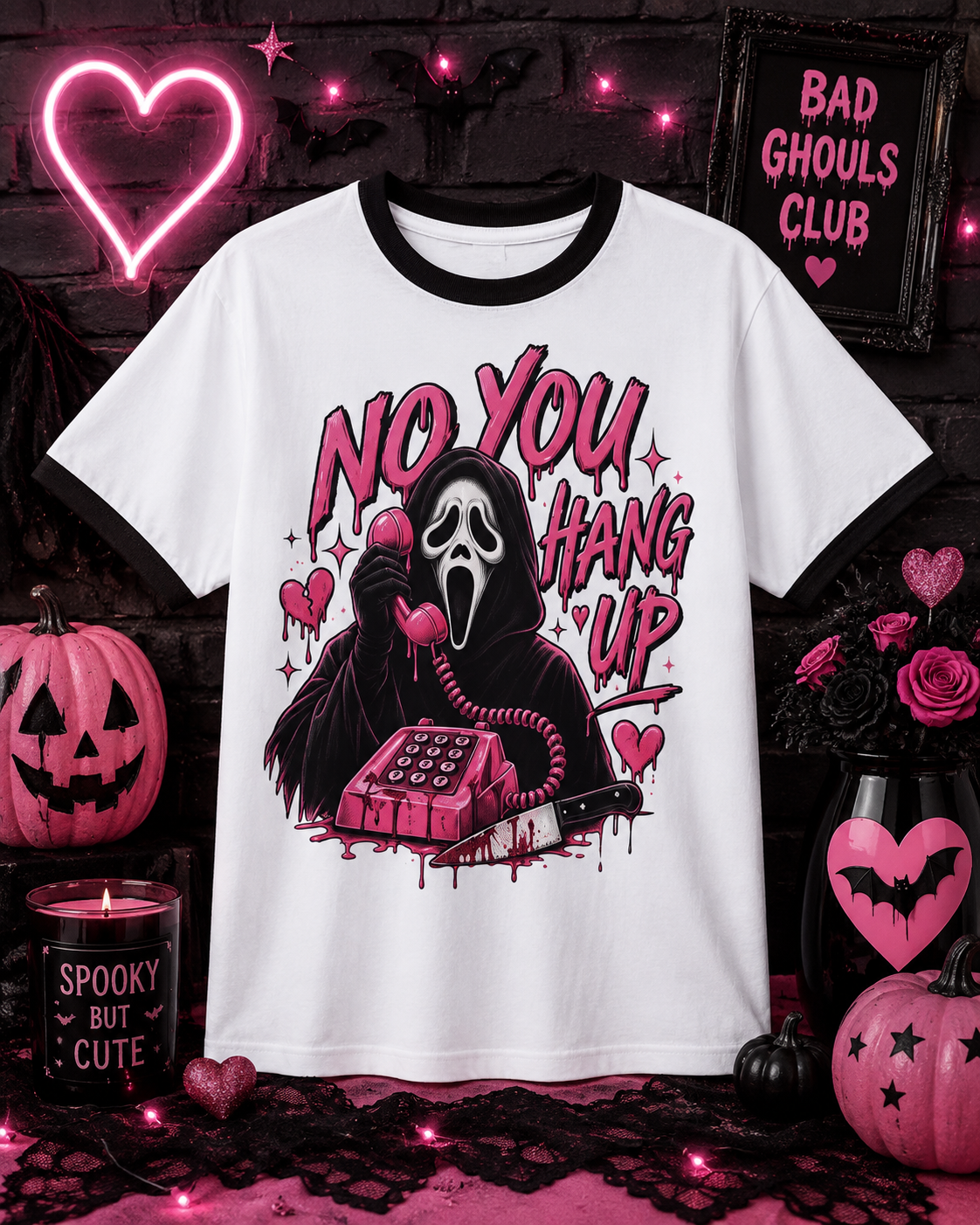 No You Hang Up ghost calling design T-Shirt | Scream phone horror pink