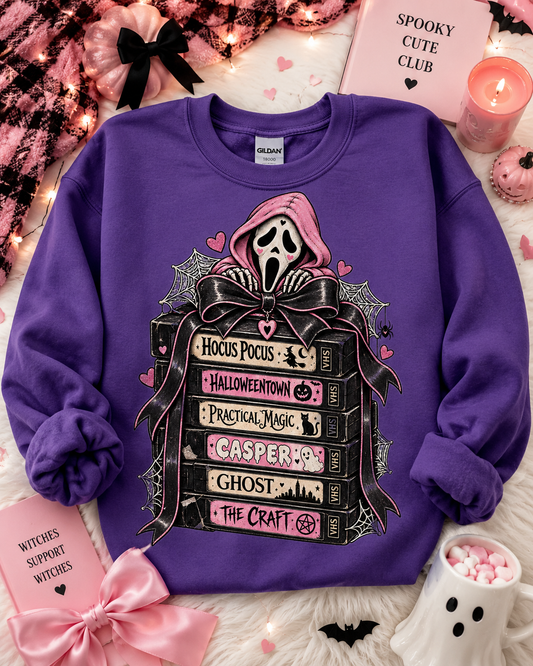 Halloween Sweatshirt, Spooky Cute Horror VHS Movie Stack Crewneck, Retro Practical Magic Hocus Pocus Sweater, Pastel Goth Gift