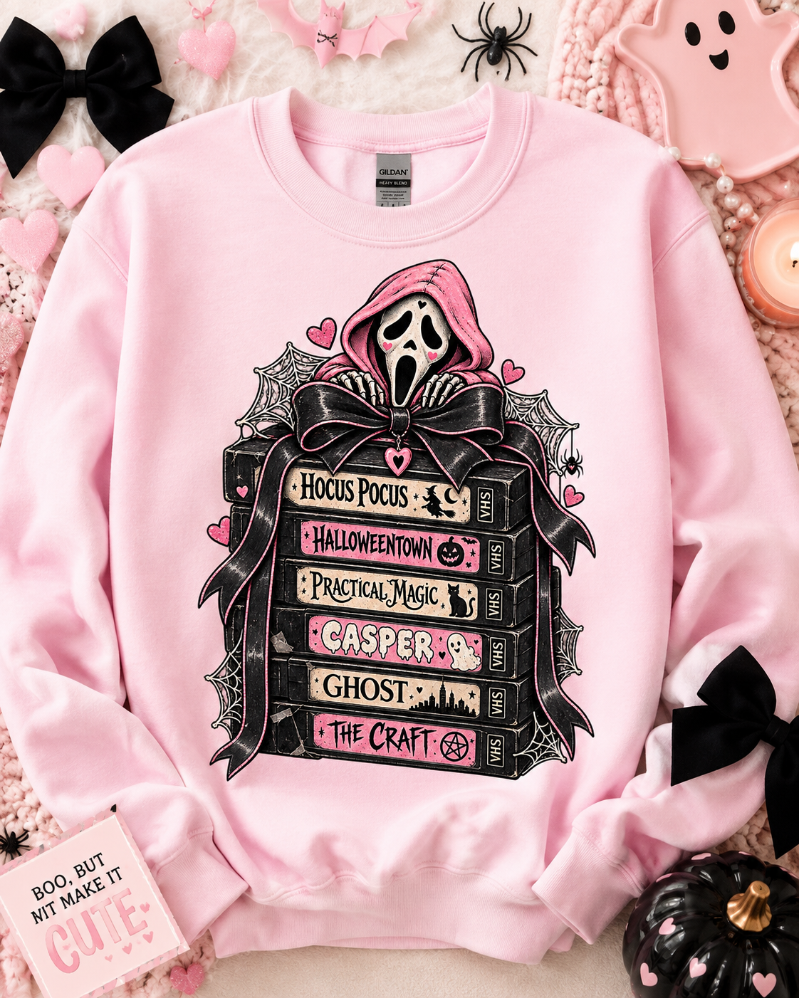 Halloween Sweatshirt, Spooky Cute Horror VHS Movie Stack Crewneck, Retro Practical Magic Hocus Pocus Sweater, Pastel Goth Gift