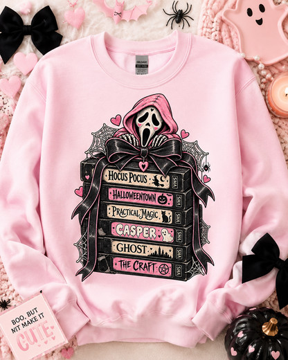 Halloween Sweatshirt, Spooky Cute Horror VHS Movie Stack Crewneck, Retro Practical Magic Hocus Pocus Sweater, Pastel Goth Gift