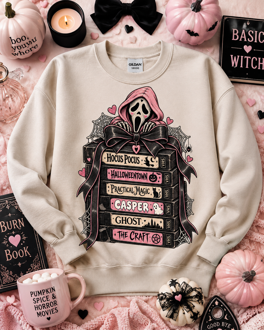 Halloween Sweatshirt, Spooky Cute Horror VHS Movie Stack Crewneck, Retro Practical Magic Hocus Pocus Sweater, Pastel Goth Gift