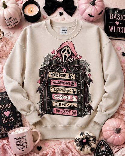 Halloween Sweatshirt, Spooky Cute Horror VHS Movie Stack Crewneck, Retro Practical Magic Hocus Pocus Sweater, Pastel Goth Gift
