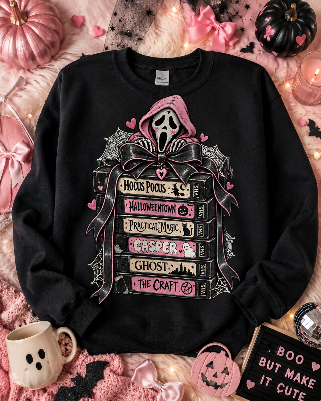 Halloween Sweatshirt, Spooky Cute Horror VHS Movie Stack Crewneck, Retro Practical Magic Hocus Pocus Sweater, Pastel Goth Gift