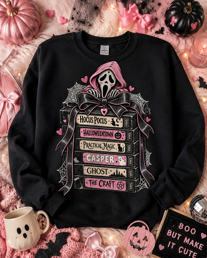 Halloween Sweatshirt, Spooky Cute Horror VHS Movie Stack Crewneck, Retro Practical Magic Hocus Pocus Sweater, Pastel Goth Gift