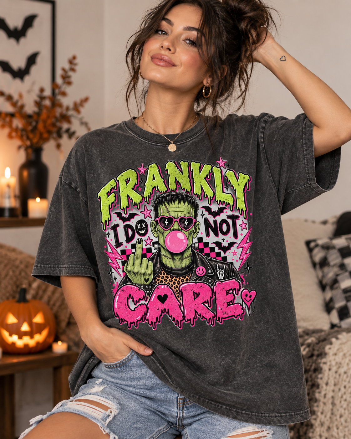 Frankly I Do Not Care Frankenstein graphic T-shirt | Punk Bubblegum Horror