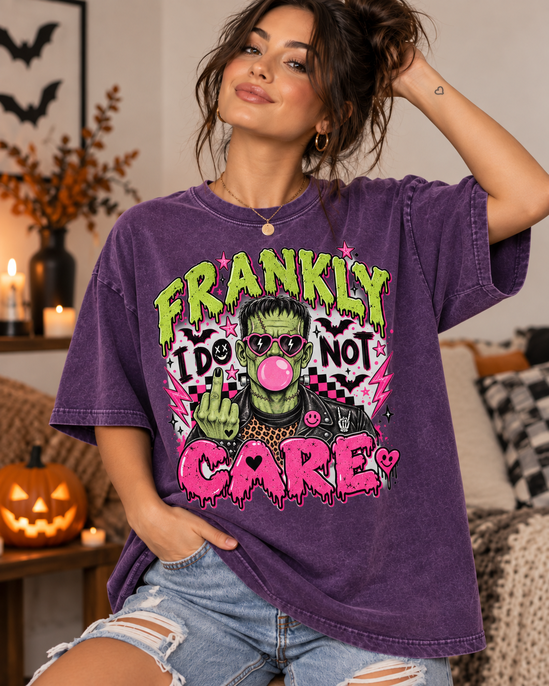 Frankly I Do Not Care Frankenstein graphic T-shirt | Punk Bubblegum Horror
