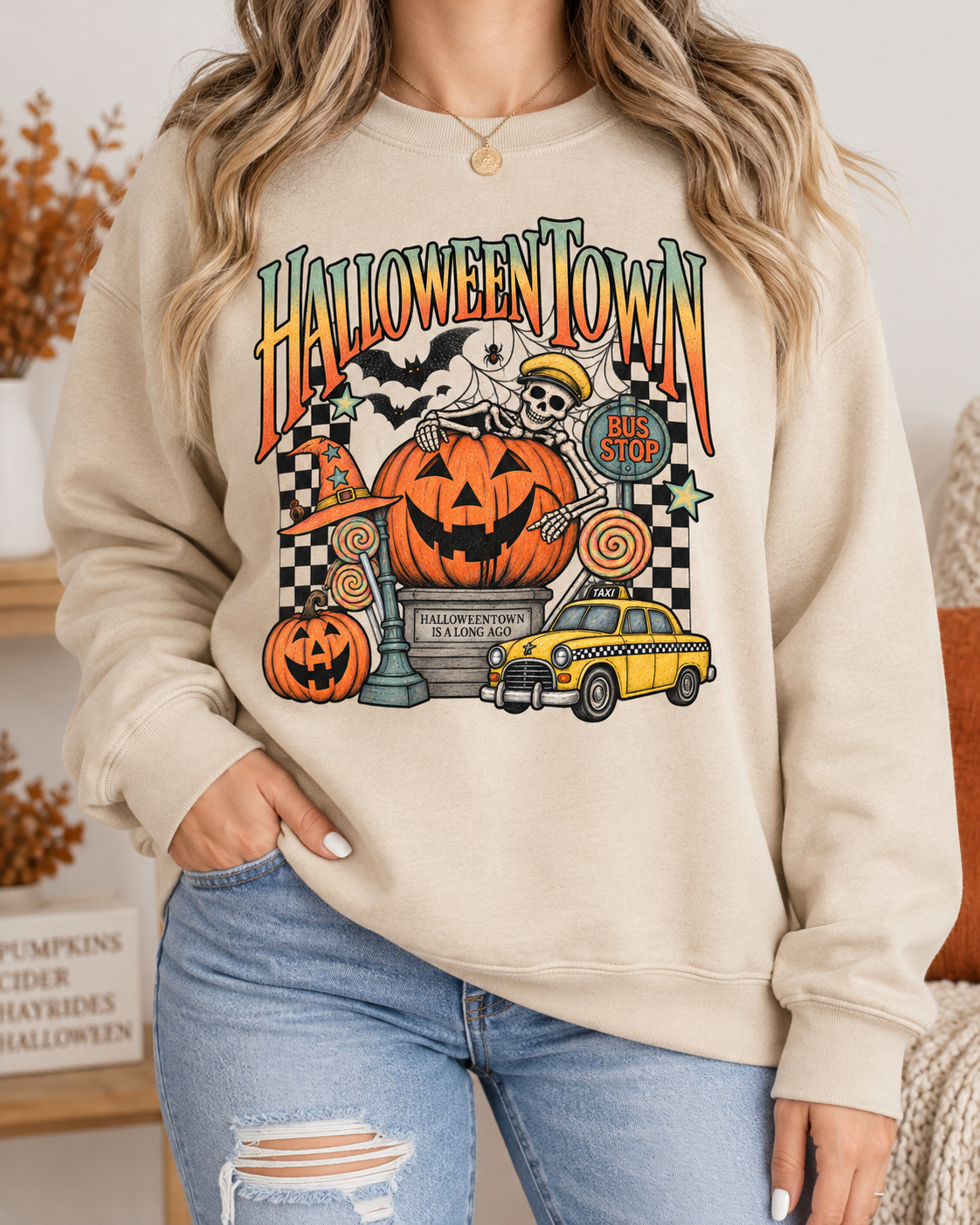 Halloween Town Pumpkin Graphic Sweatshirt | Retro Spooky Scene