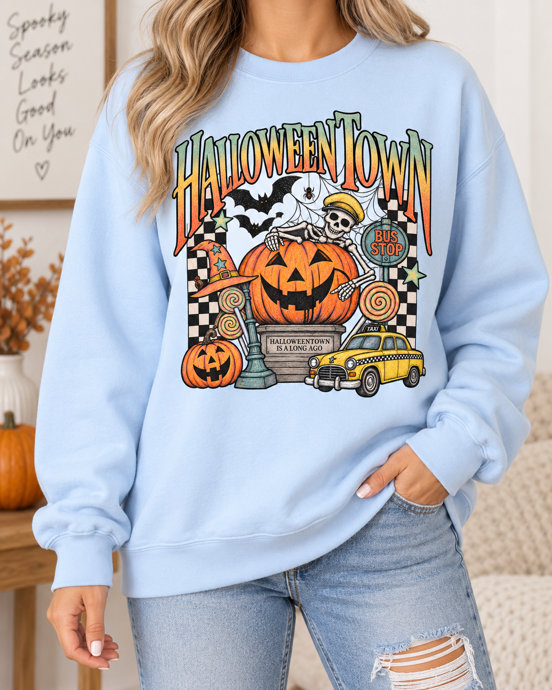 Halloween Town Pumpkin Graphic Sweatshirt | Retro Spooky Scene
