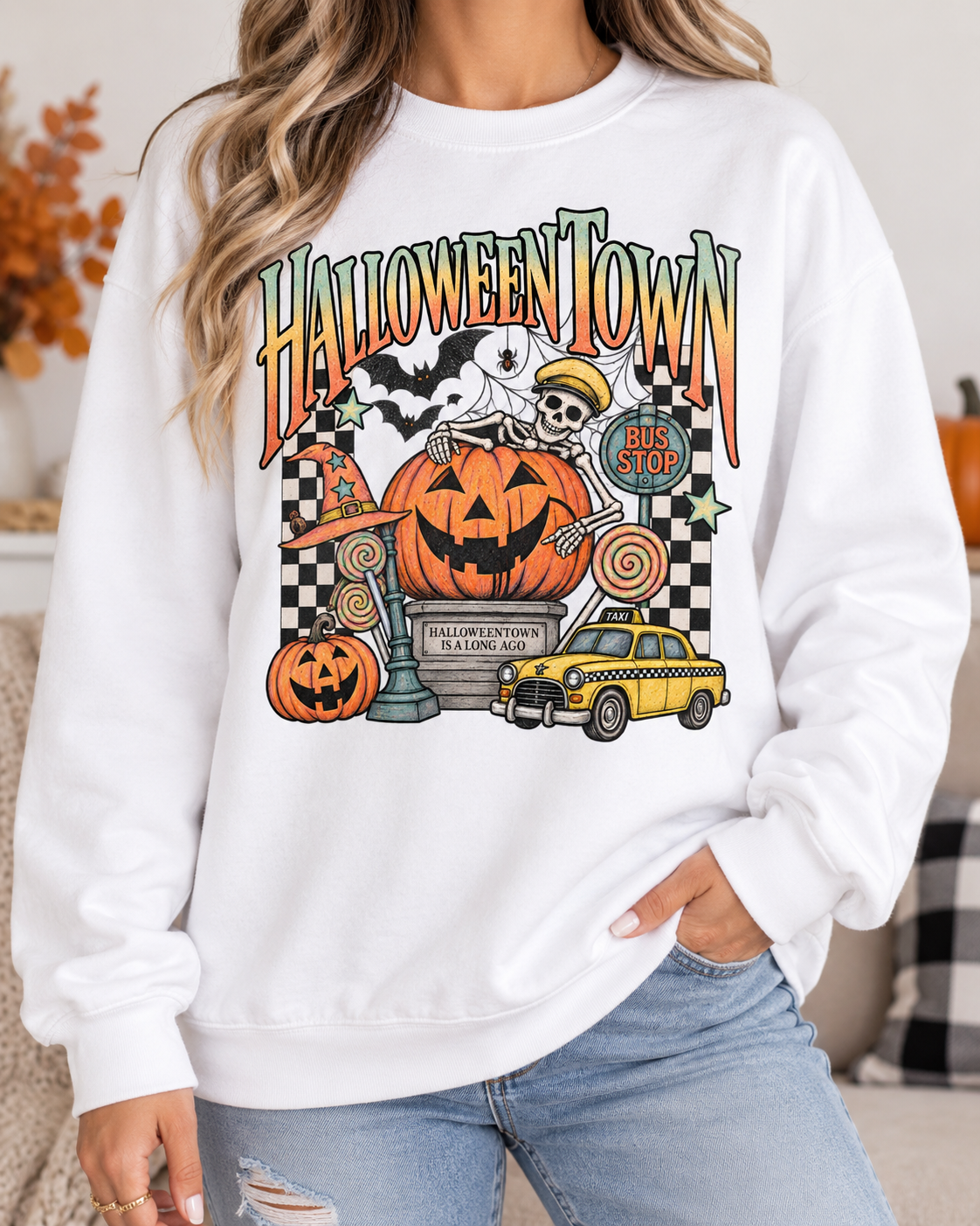 Halloween Town Pumpkin Graphic Sweatshirt | Retro Spooky Scene