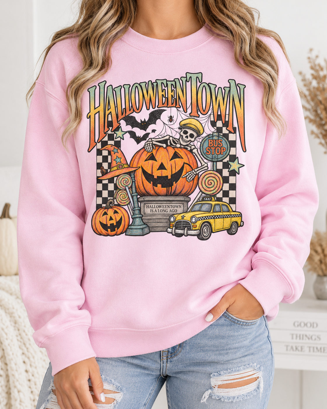 Halloween Town Pumpkin Graphic Sweatshirt | Retro Spooky Scene