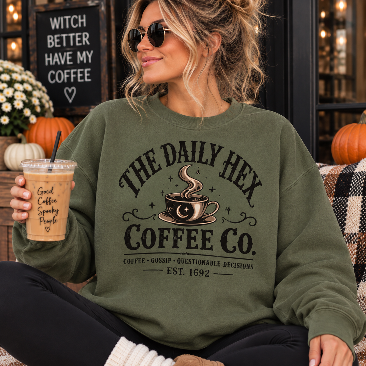 Coffee Sweatshirt — "The Daily Hex Coffee Co." Cozy Witchy Coffee Crewneck