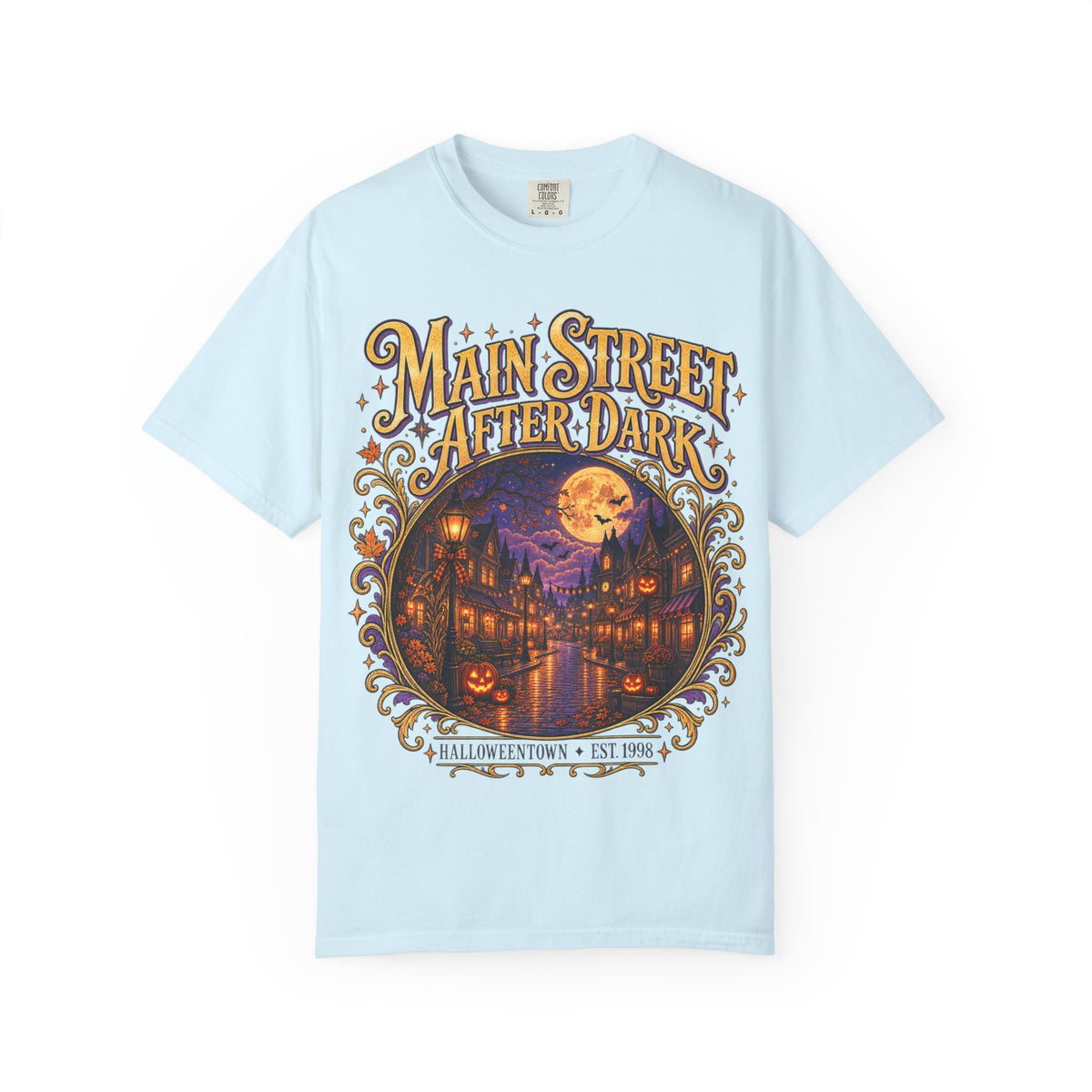 Main Street After Dark T-shirt | Halloween Town Moonlit Street Scene