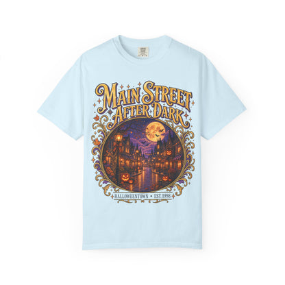 Main Street After Dark T-shirt | Halloween Town Moonlit Street Scene