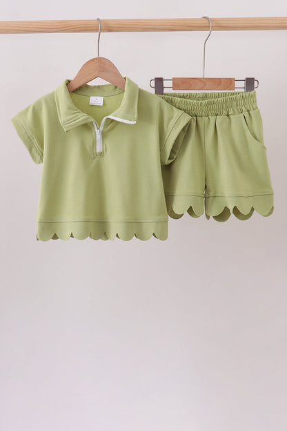 Sage scalloped zipper shorts set