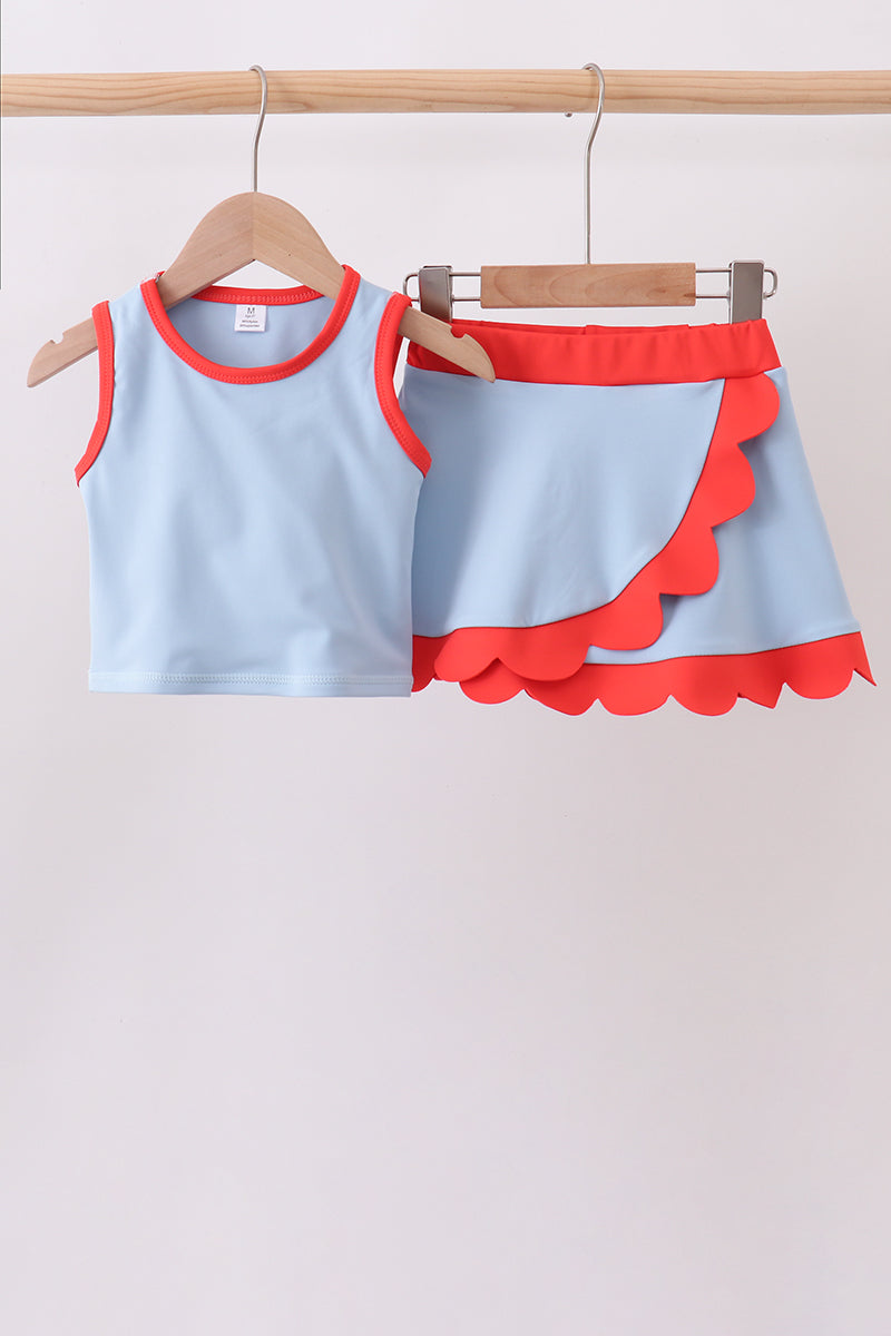 Blue scalloped active skorts set