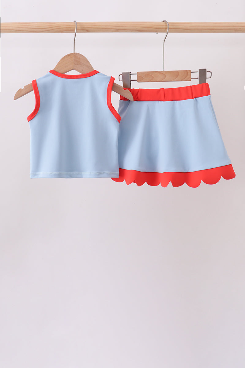 Blue scalloped active skorts set