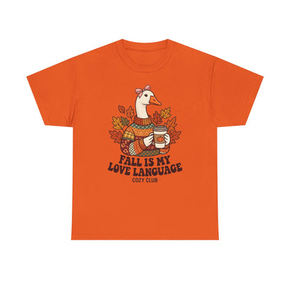 Goose in Scarf Holding Coffee T-Shirt | Fall Is My Love Language, Cozy Autumn Tee