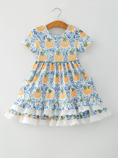 Fall Girls Pumpkin Patch Dress Lace Trim with Pockets