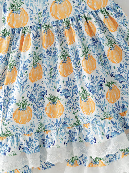 Fall Girls Pumpkin Patch Dress Lace Trim with Pockets