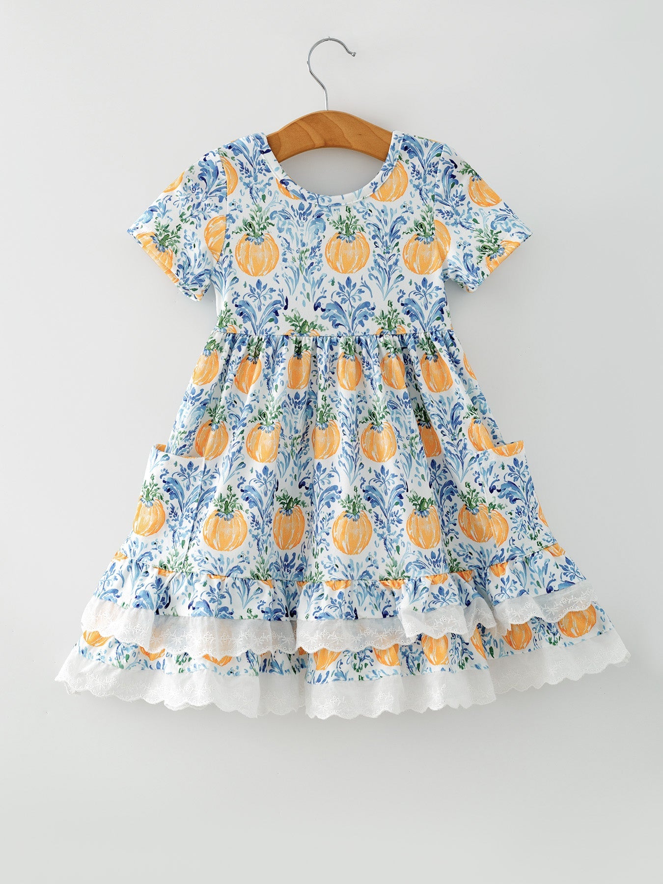 Fall Girls Pumpkin Patch Dress Lace Trim with Pockets