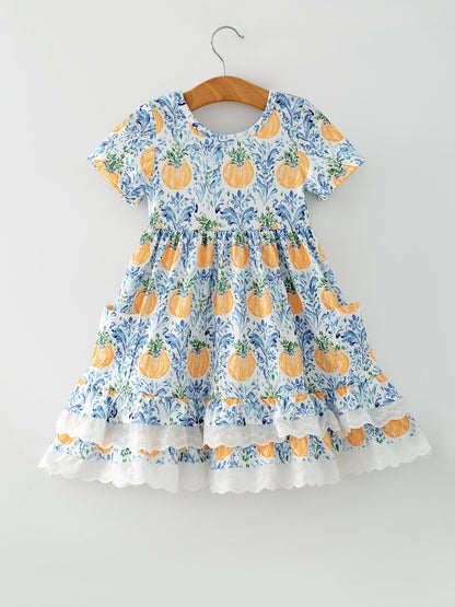 Fall Girls Pumpkin Patch Dress Lace Trim with Pockets