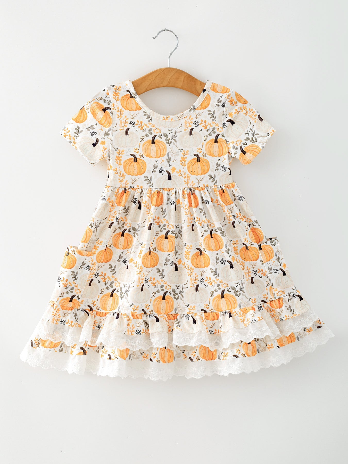 Fall Orange Girls Pumpkin Patch Pockets Dress Lace Trim