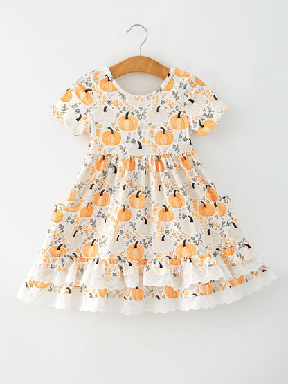 Fall Orange Girls Pumpkin Patch Pockets Dress Lace Trim