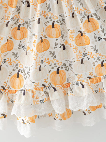 Fall Orange Girls Pumpkin Patch Pockets Dress Lace Trim