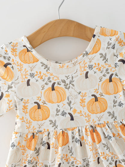 Fall Orange Girls Pumpkin Patch Pockets Dress Lace Trim
