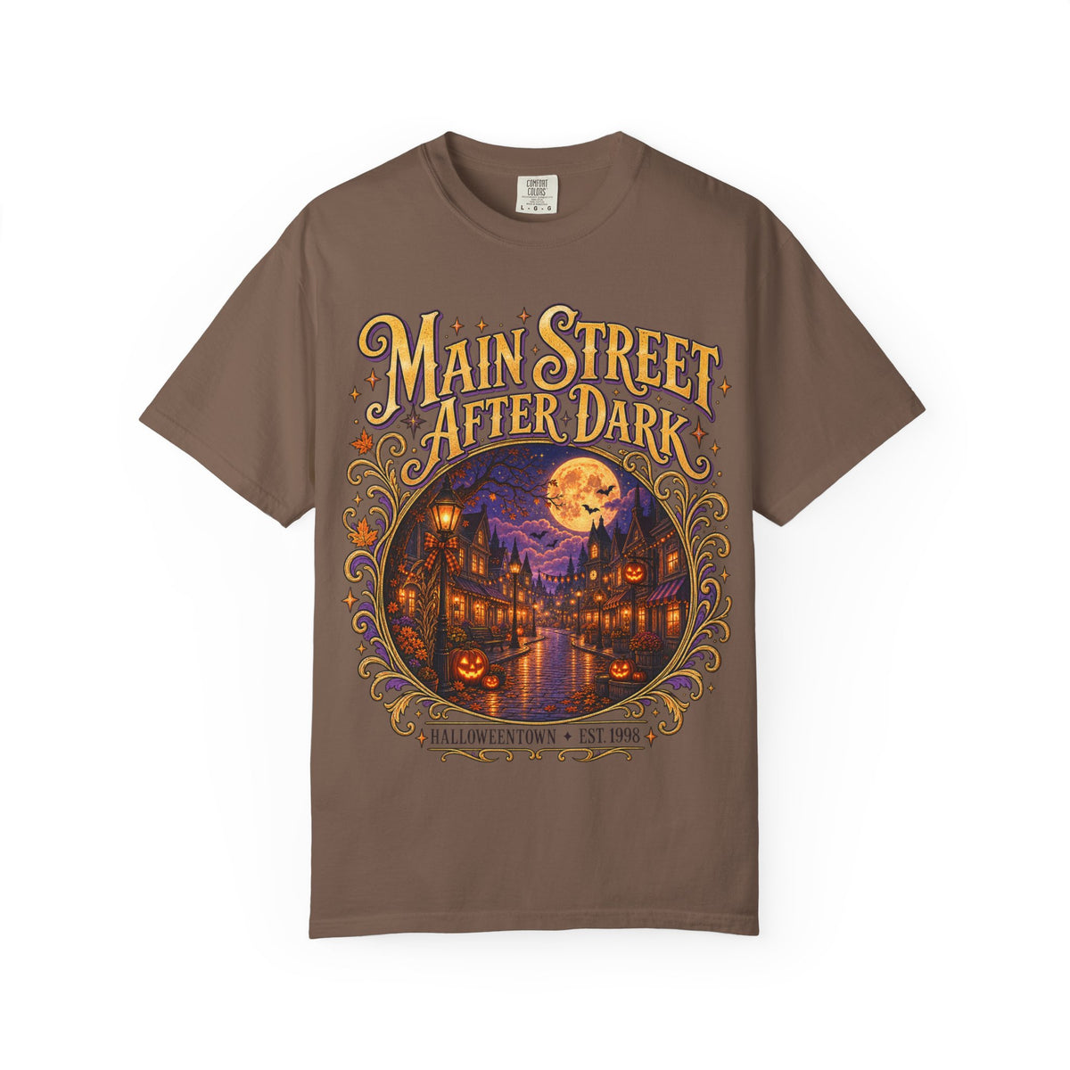 Main Street After Dark T-shirt | Halloween Town Moonlit Street Scene