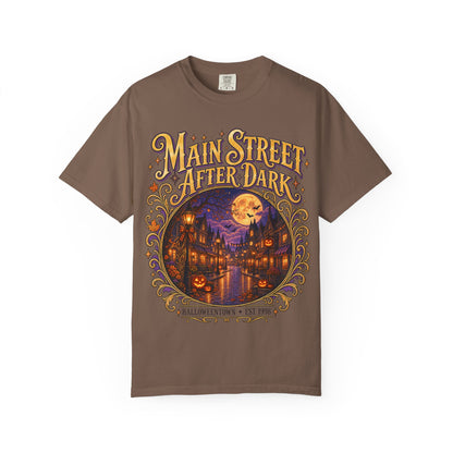 Main Street After Dark T-shirt | Halloween Town Moonlit Street Scene