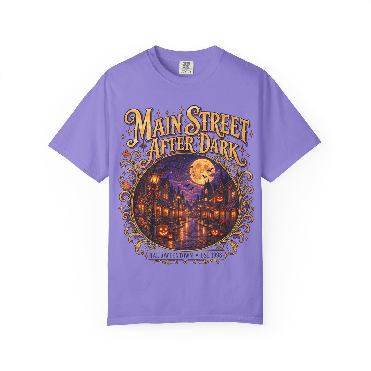 Main Street After Dark T-shirt | Halloween Town Moonlit Street Scene