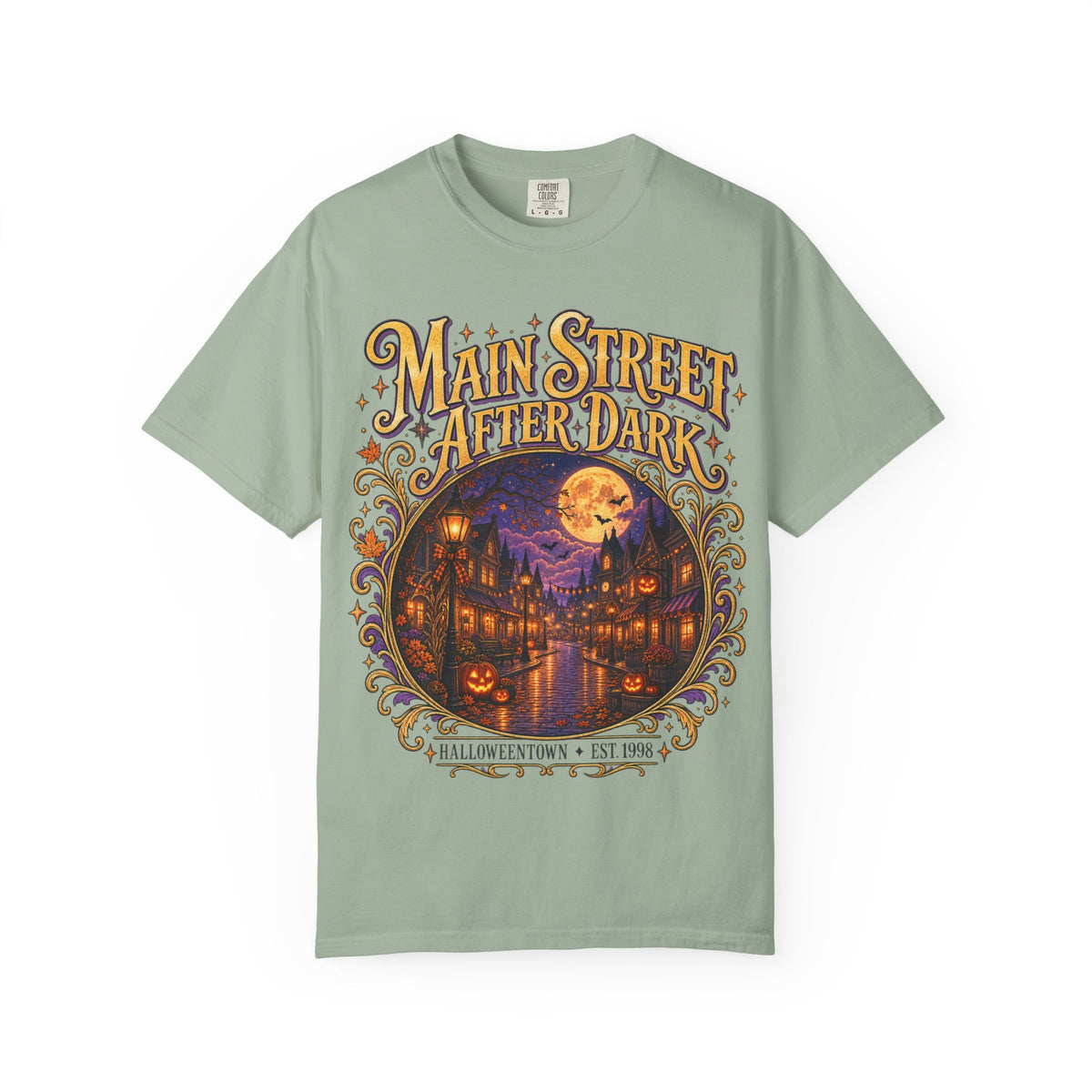 Main Street After Dark T-shirt | Halloween Town Moonlit Street Scene