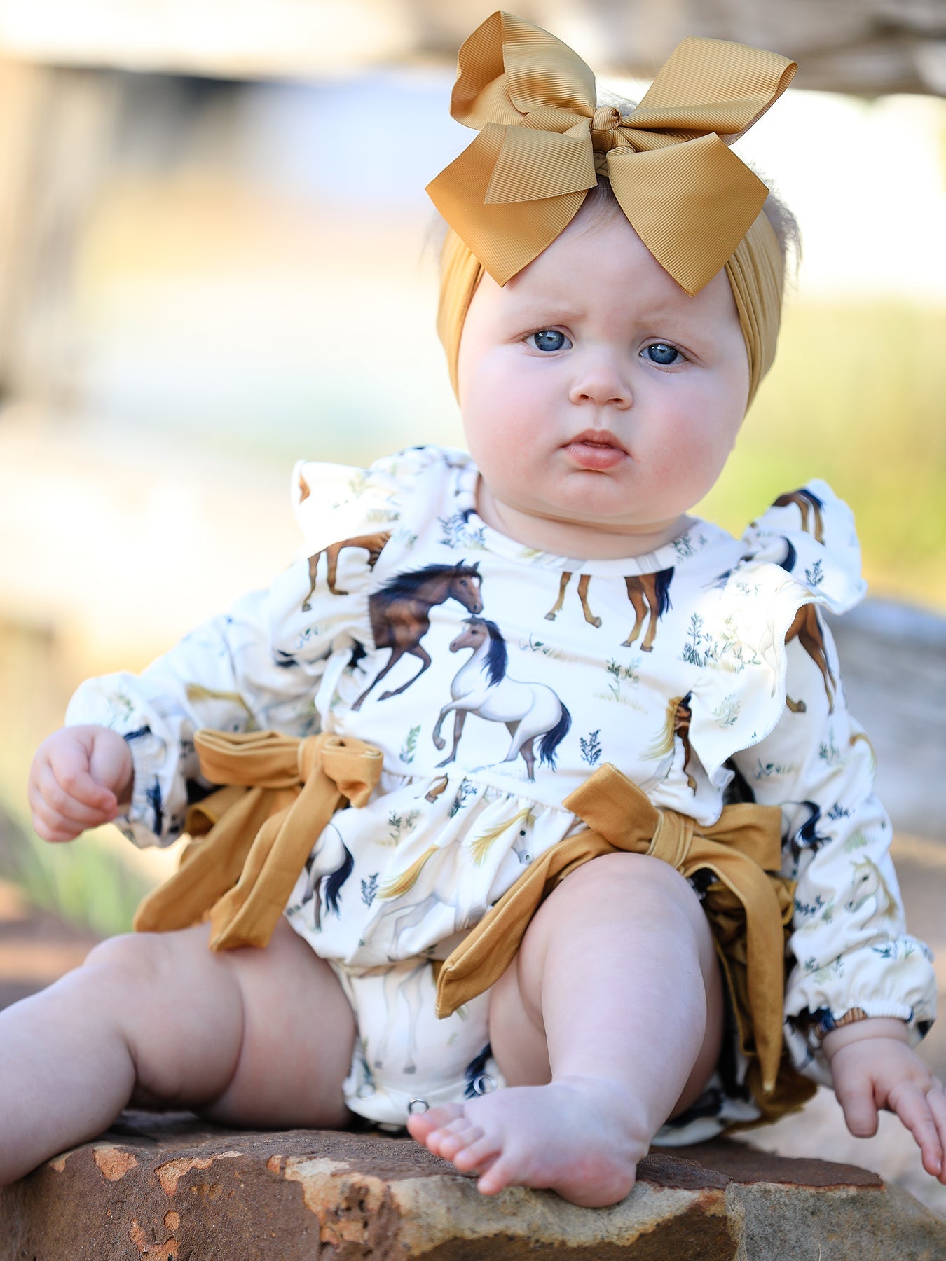 Western Horse Girls Romper Bow Ruffle Long Sleeve
