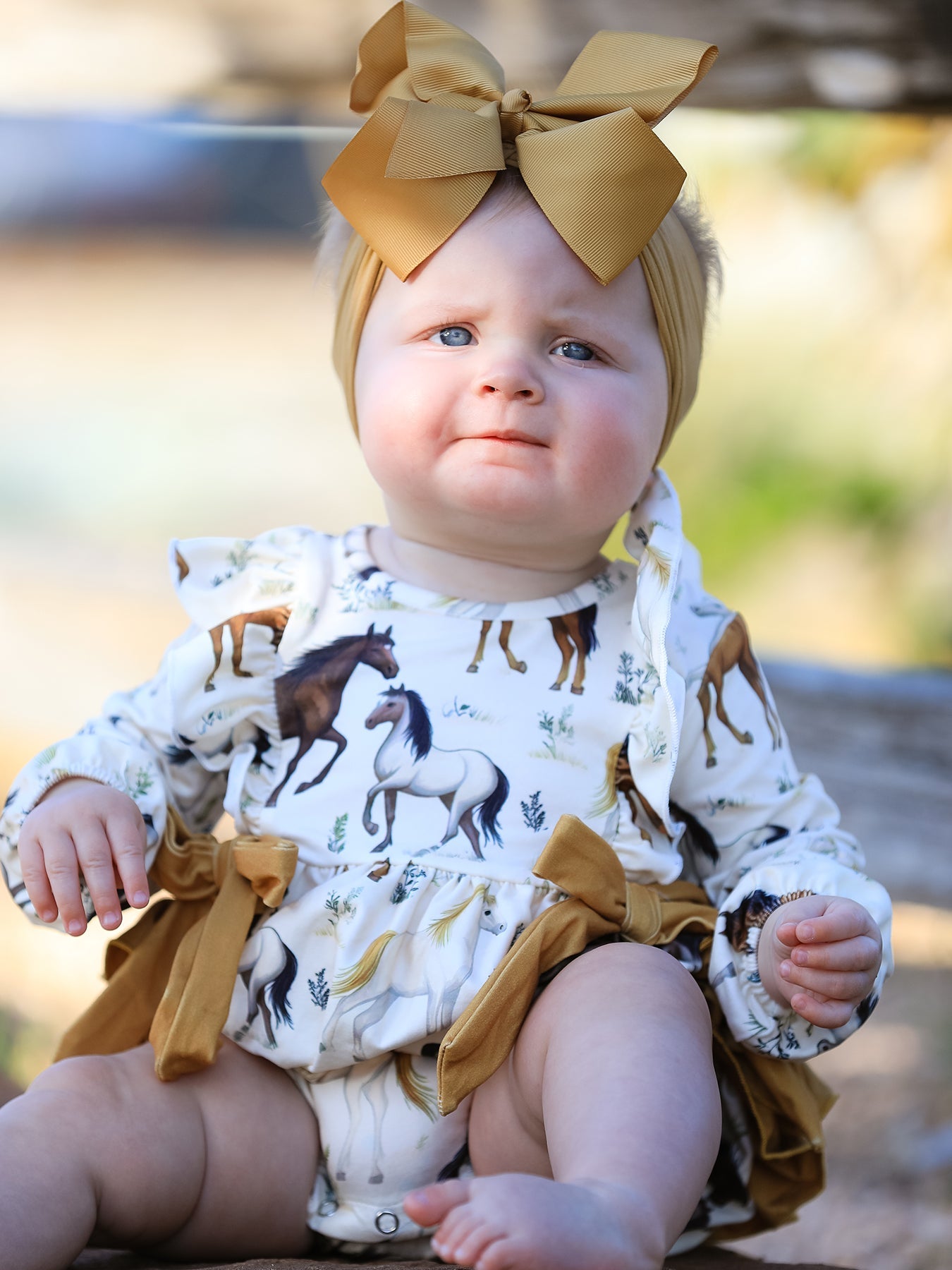 Western Horse Girls Romper Bow Ruffle Long Sleeve