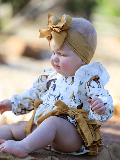 Western Horse Girls Romper Bow Ruffle Long Sleeve
