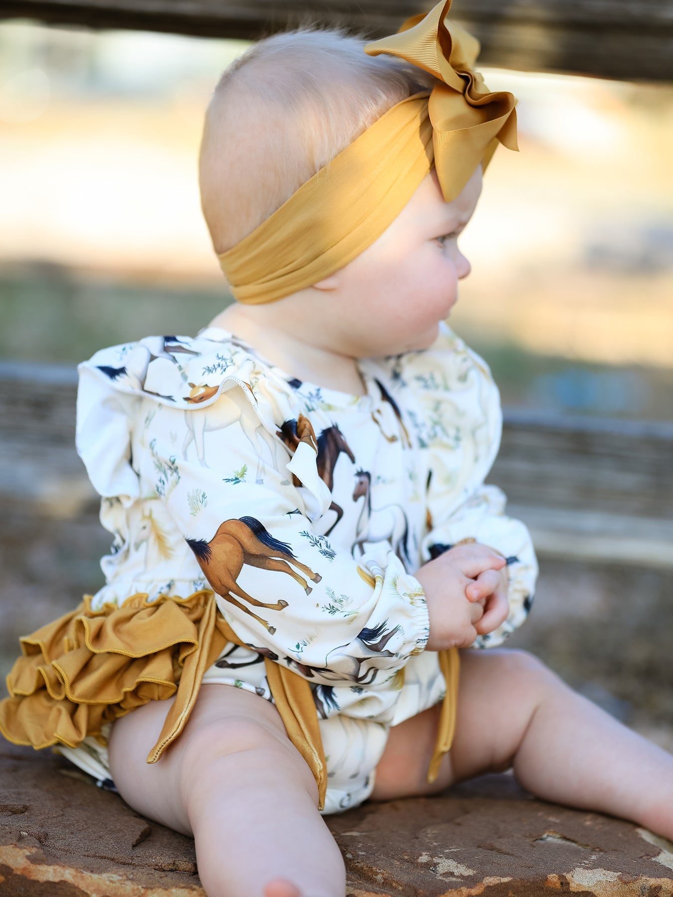 Western Horse Girls Romper Bow Ruffle Long Sleeve